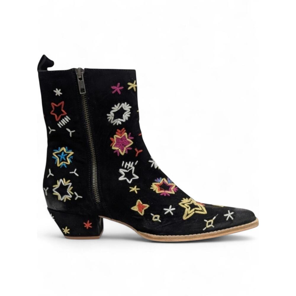 FP Black Suede Star Embroidered Western Ankle Boots Celestial Festival 40 US 10